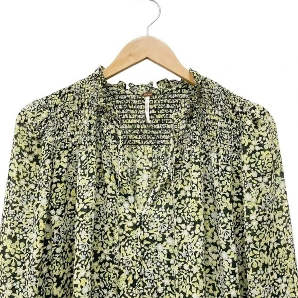 Free People Lela Blouse Floral Black & Green Flowy Boho Tie Neck Top Size Medium